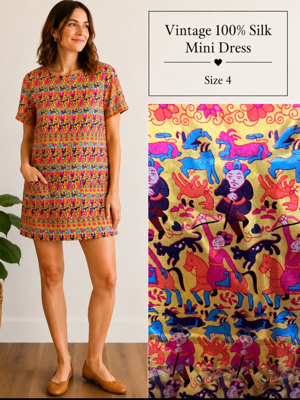 Vintage Elvish 100% Silk Shift Dress East Asian Inspired size 4